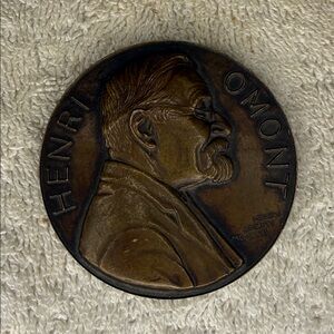 Vintage Henri Omont Brass Medallion French Scholar Portrait Medal Plaque 2.75"